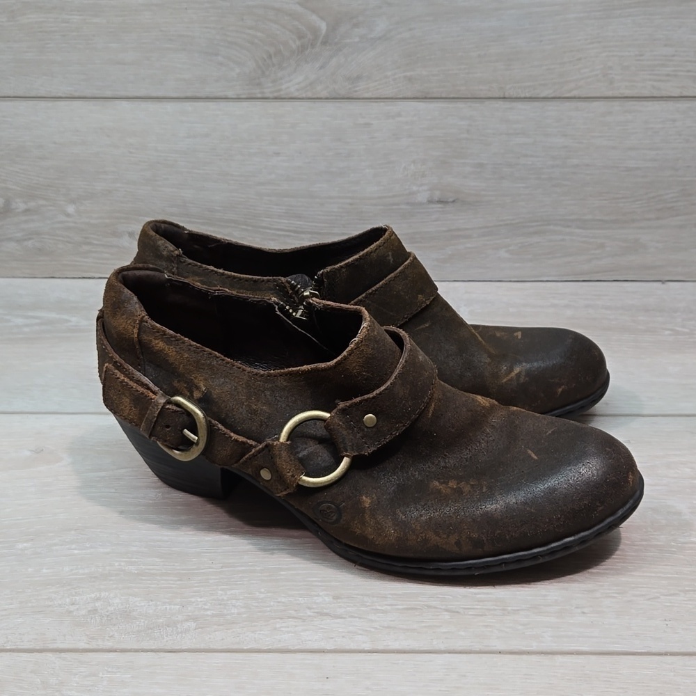Born Women Zowy Tobacco Ankle Distressed Leather Boots Moto Heels shoes sz 8